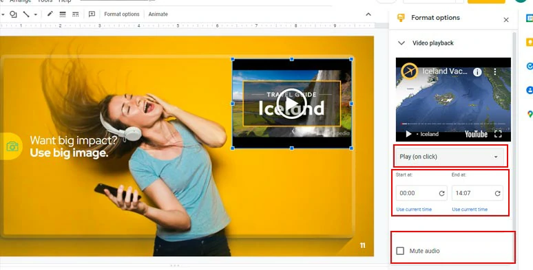 Different selections for video playback in Google Slides