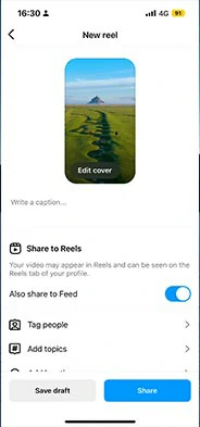 Edit Instagram travel Reel’s cover, and add captions, hashtags, etc. before sharing it