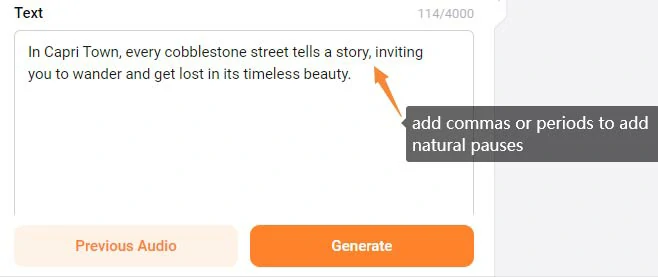 Insert commas or periods to add natural pauses to AI voices