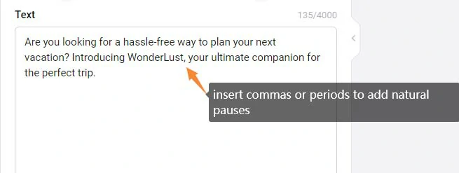 Insert commas or periods to add natural pauses to AI voices