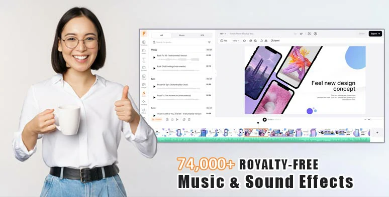 Use tons of royalty-free music and sound effects to bring your iPhone mockup video to life