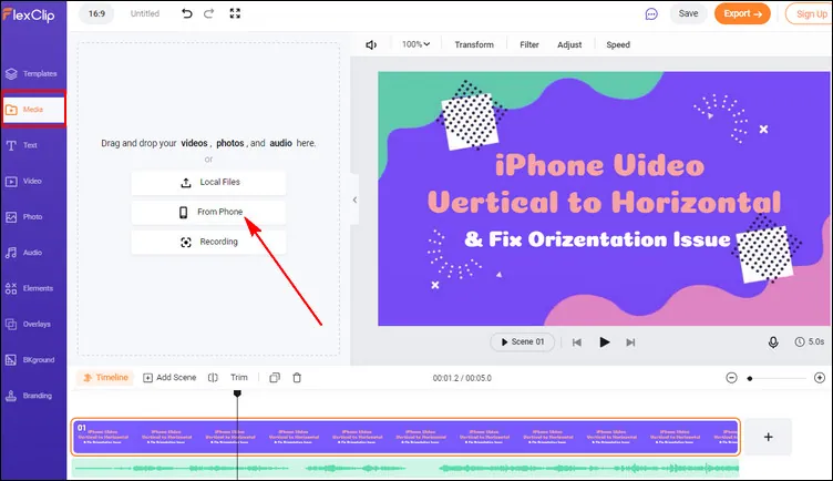 Make iPhone Video Vertical to Horizontal with FlexClip - Upload