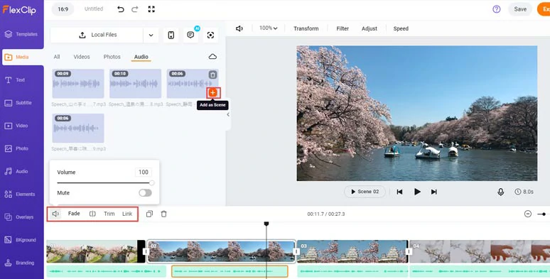 将日语文本转语音添加到右侧场景，并调整语音的音量或修剪或分割音频