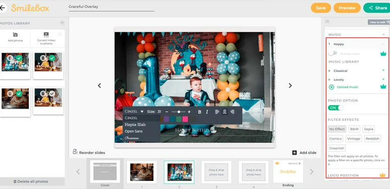 Add texts, music, and filter to the photo slideshow