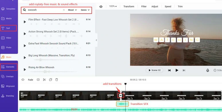 Add royalty-free music and transition sound effects and text animations and transitions to the video