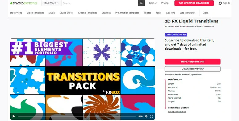 2D liquid transition packs available on Envato Elements