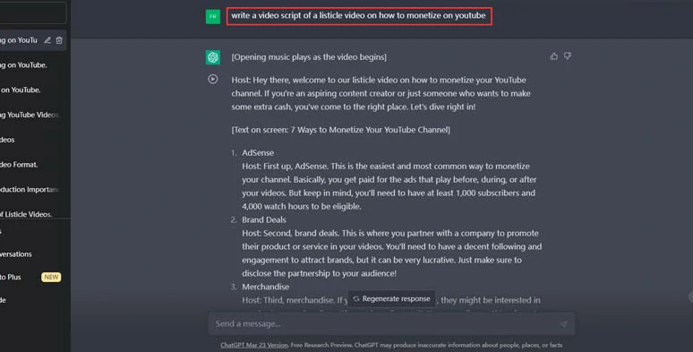 Use ChatGPT to write a video script of a listicle video on how to monetize on YouTube