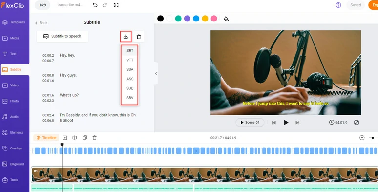 Edit and directly download the M4A transcription in SRT, VTT, and other 4 subtitle formats