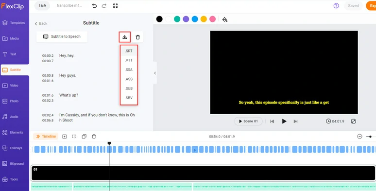Edit and directly download the M4A transcription in SRT, VTT, and other subtitle formats for other repurposings