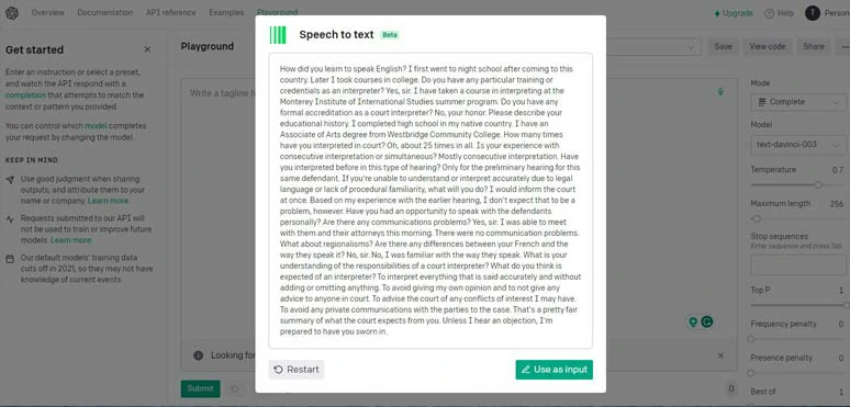 Transcribe M4A to text for free by OpenAI Playground’s speech-to-text feature