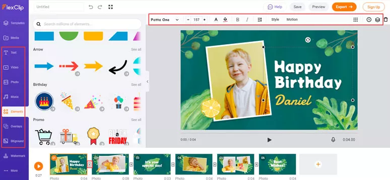 Customize the birthday photo montage video using FlexClip