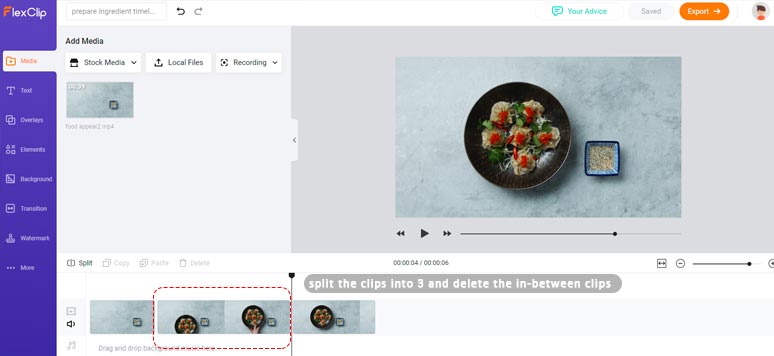 Use FlexClip to make ingredients appear by deleting in-between clips
