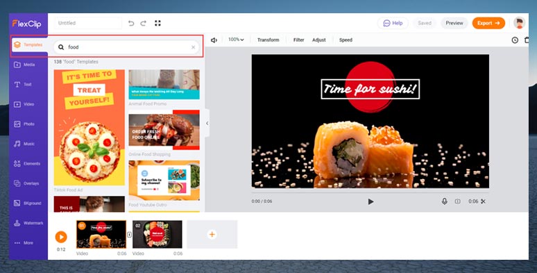 Select a dazzling food intro or outro templates in FlexClip