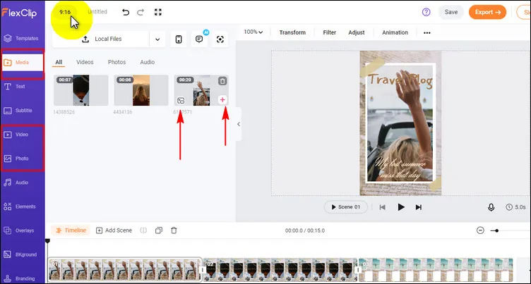 使用FlexClip進行不同場景的Tiktok視頻 - 上傳