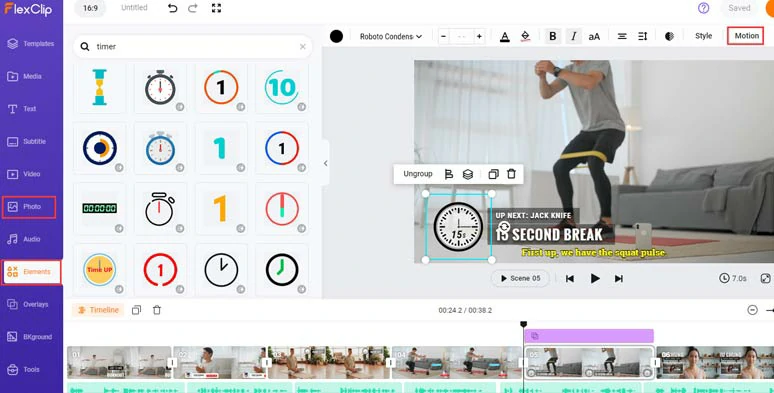 Add animated elements like a timer or GIPHY workout stickers to spice up your workout video