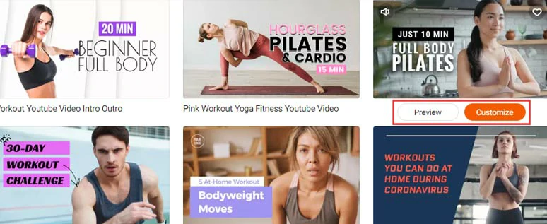 Select a free workout video template to begin with