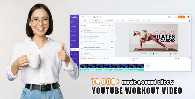 Vast royalty-free music and sound effects are available for your YouTube workout videos