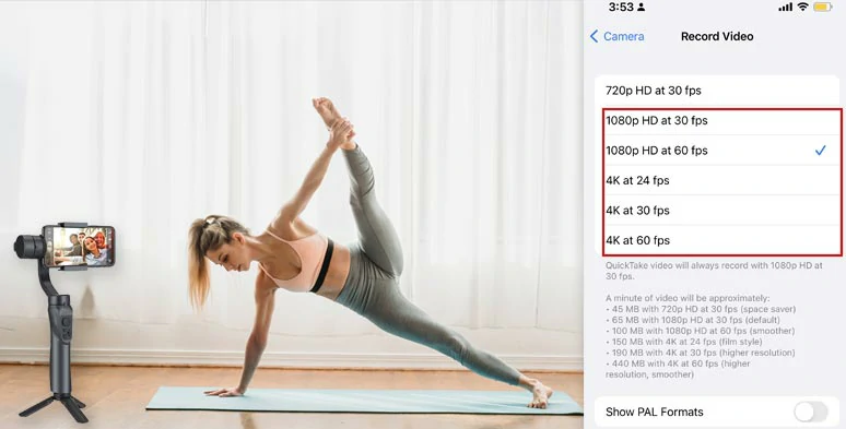 Select 1080P-4k resolution and 30-60FPS and use a 3axi gimbal for filming a workout video