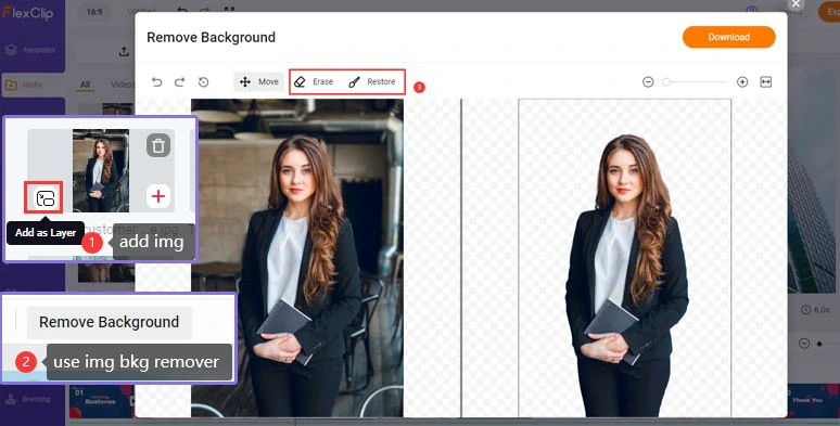 Use image background remover to add a profile image to a business video presentation