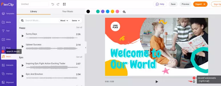 Add music from the music library or record voiceovers for your video