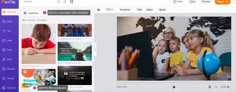 Select and add a video template to the storyboard