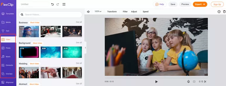 Vast assets of images, videos, audio, GIFs in FlexClip