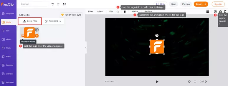 Add the logo and customize its motion, style, and duration