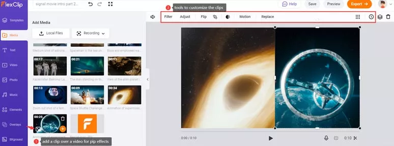 Add two clips side by side to create picture-picture effects