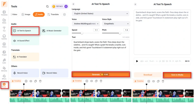 Add AI commentary to the NFL highlights video