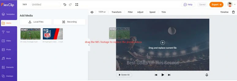 Drag and drop NFL footage to replace template’s videos