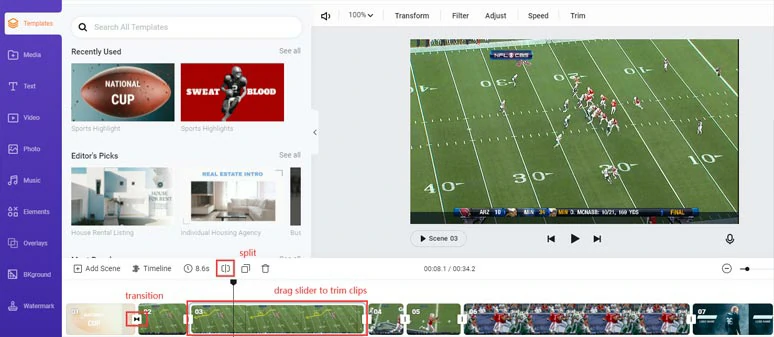 Trim, split or merge NFL footage or add video transitions