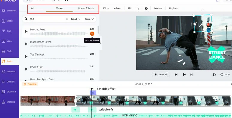 Add pop music and scribble sound effects for scribble animation in the dance video