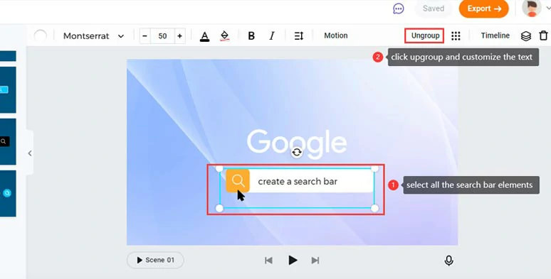 Ungroup search bar animation and customize the text