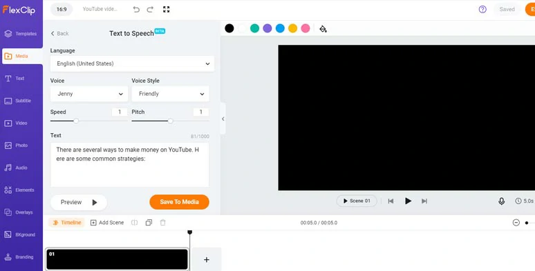Paste YouTube video script to FlexClip and set AI voices’ style and generate realistic AI voices for YouTube video