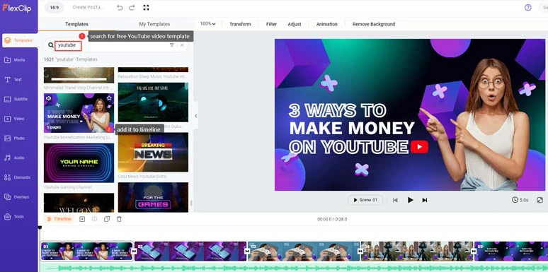 Search for an ideal YouTube template and add it to the timeline