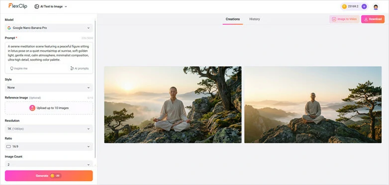Generate Meditation Visuals from Text in FlexClip