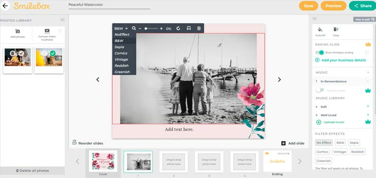 Apply a B&W filter to a memorial photo by Smilebox memorial video maker