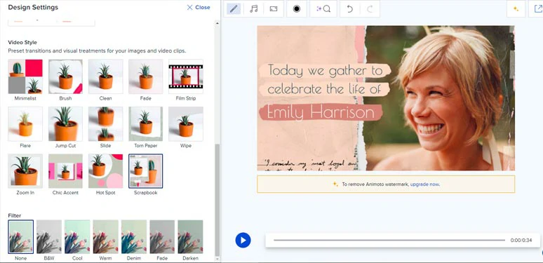 Set video styles and add filters to memorial photos by Animoto memorial video maker