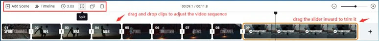 Drag and drop to adjust video sequence and trim and split clips