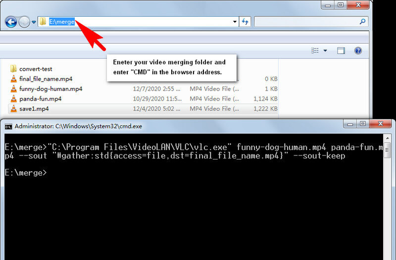Convert & merge video in VLC via commands.