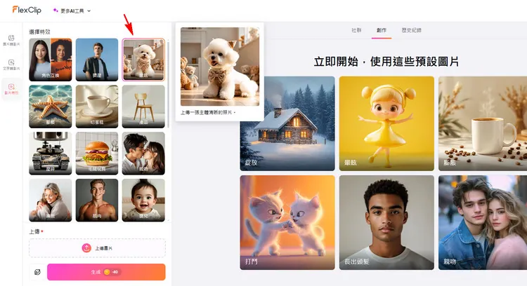 進入 AI 影片特效庫 - FlexClip