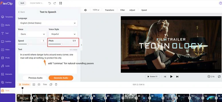 Lower the pitch and add commas for more dramatic movie trailer voices