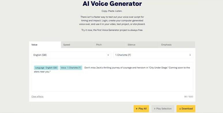 Use Voicebooking movie trailer voice generator to create movie trailer voices