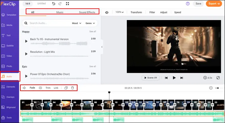 Make a Movie Trailer Online Free with FlexClip - Music