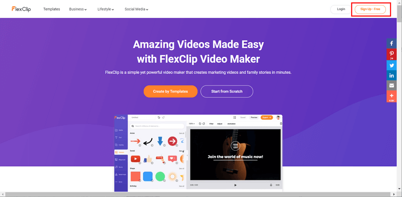 FlexClip - The mainscreen of the FlexClip