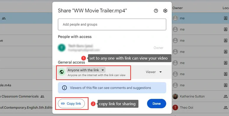 Copy the MP4 URL link for sharing from Google Drive