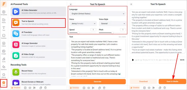 Use the Text-to-Speech Tool to Generate Realistic AI voices