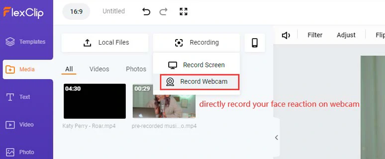 Use the in-browser webcam recorder to directly record your reaction to music