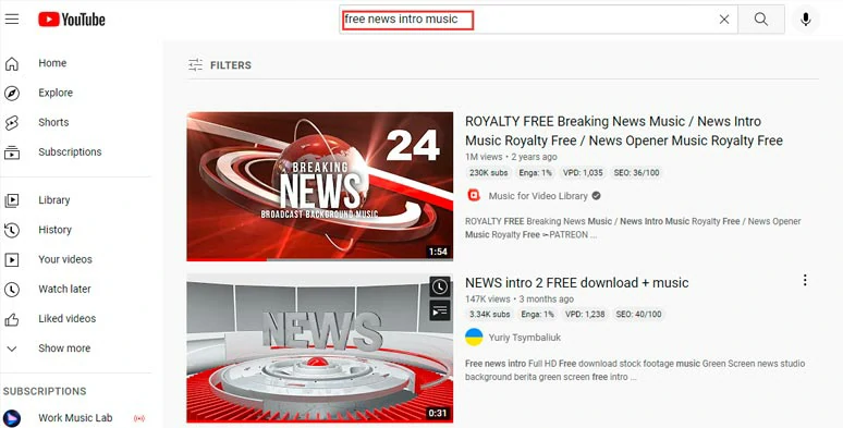 Directly search for free news intro music on YouTube