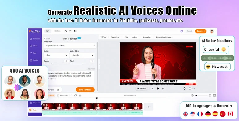 Seamlessly convert text to realistic AI news reporter voice by FlexClip online